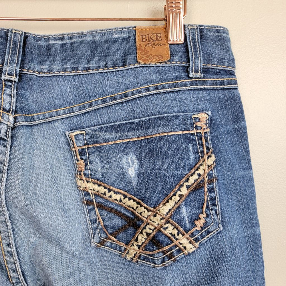 BKE 34 Culture Bootcut Boot Cut Medium Wash Mid Rise Stretch Jeans Distressed - Picture 14 of 15